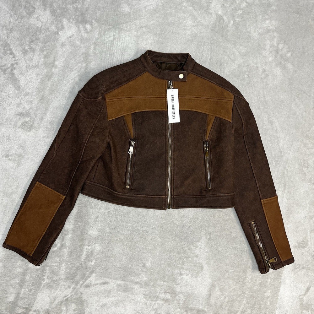Lioness Urban Outfitters Brown Faux Leather Cropped Biker Moto Jacket Small NWT